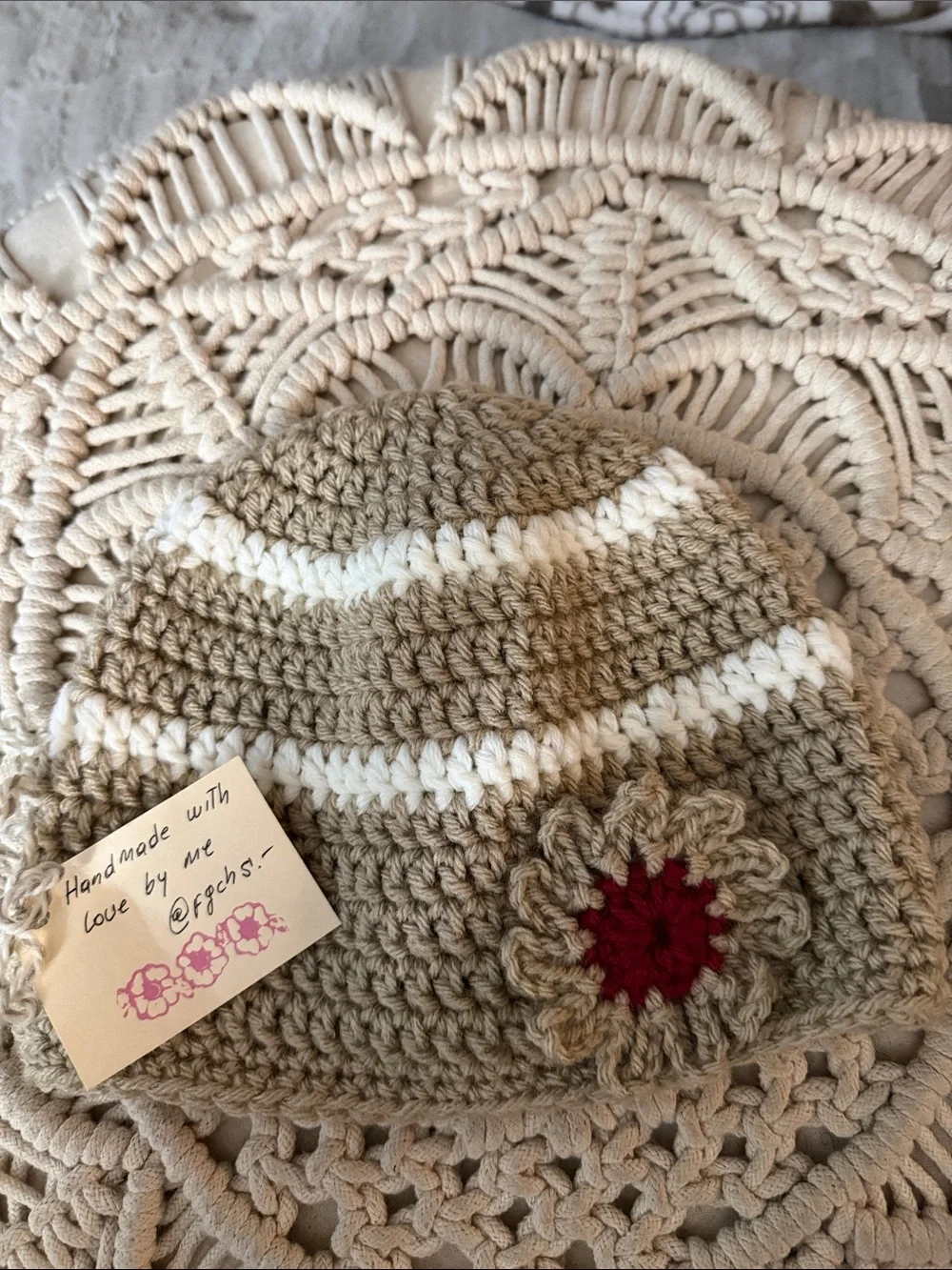 Handmade Tan Crochet Beanie with White Stripes and Red Flower